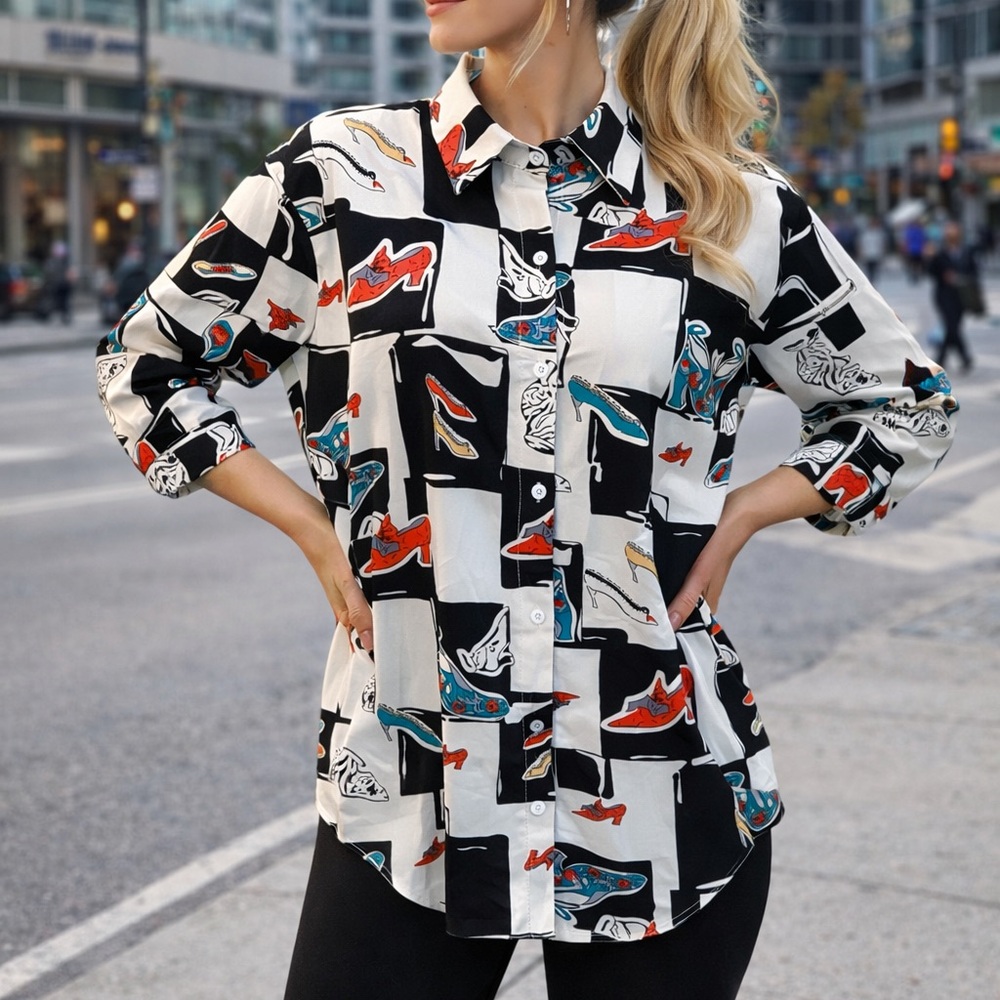 Graphic shoe Print Button-Up Blouse